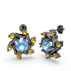 Floren Küpe - Sitrin ve akuamarin 925 ayar siyah rodyum kaplama gümüş küpe #qvsoig