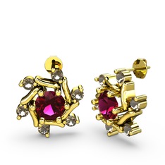 Floren Küpe - Dumanlı kuvars ve rodolit garnet 8 ayar altın küpe #t6ls5