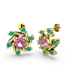 Kök zümrüt ve pembe kuvars 8 ayar altın küpe