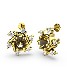 Swarovski ve dumanlı kuvars 14 ayar altın küpe