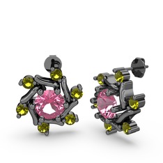 Peridot ve pembe kuvars 925 ayar siyah rodyum kaplama gümüş küpe
