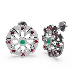 Dahlia Çiçek Küpe - Garnet ve kök zümrüt 8 ayar beyaz altın küpe #12jscfp