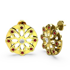 Dahlia Çiçek Küpe - Garnet ve pırlanta 18 ayar altın küpe (0.12 karat) #14e4kg8