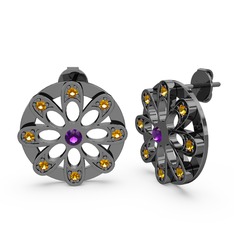 Dahlia Çiçek Küpe - Sitrin ve ametist 925 ayar siyah rodyum kaplama gümüş küpe #1j74kb6