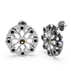 Dahlia Çiçek Küpe - Siyah zirkon ve dumanlı kuvars 14 ayar beyaz altın küpe #1nvf9sx