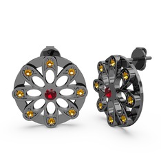 Dahlia Çiçek Küpe - Sitrin ve garnet 925 ayar siyah rodyum kaplama gümüş küpe #h92yqs