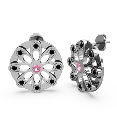 Dahlia Çiçek Küpe - Siyah zirkon ve pembe kuvars 14 ayar beyaz altın küpe #j30g4k