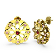 Dahlia Çiçek Küpe - Pembe kuvars ve garnet 18 ayar altın küpe #plzhgx
