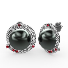 Siyah inci ve garnet 14 ayar beyaz altın küpe