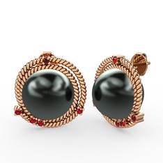 Siyah inci ve garnet 8 ayar rose altın küpe