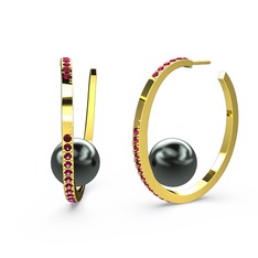 Elina İnci Küpe - Siyah inci ve rodolit garnet 8 ayar altın küpe #1tc78xt