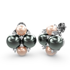 Pembe inci, siyah inci ve swarovski 18 ayar beyaz altın küpe