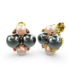 Pembe inci, siyah inci ve rodolit garnet 14 ayar altın küpe