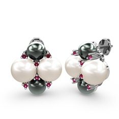 Siyah inci, inci ve rodolit garnet 925 ayar gümüş küpe