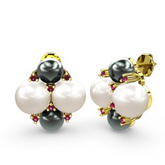 Nael İnci Küpe - Siyah inci, inci ve rodolit garnet 18 ayar altın küpe #1nadprl