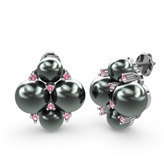 Nael İnci Küpe - Siyah inci ve pembe kuvars 14 ayar beyaz altın küpe #1prpw22