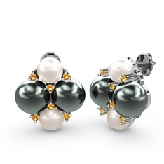 Inci, siyah inci ve sitrin 18 ayar beyaz altın küpe