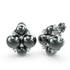 Siyah inci ve swarovski 18 ayar beyaz altın küpe