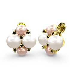 Pembe inci, inci ve siyah zirkon 8 ayar altın küpe