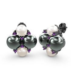 Nael İnci Küpe - Inci, siyah inci ve ametist 925 ayar siyah rodyum kaplama gümüş küpe #6jb7ct