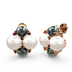 Siyah inci, inci ve garnet 18 ayar rose altın küpe