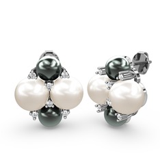 Siyah inci, inci ve pırlanta 18 ayar beyaz altın küpe (0.18 karat)