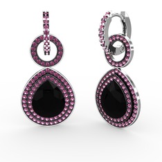 Matla Damla Küpe - Siyah zirkon ve rodolit garnet 18 ayar beyaz altın küpe #114yr0s