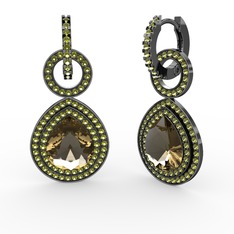 Matla Damla Küpe - Dumanlı kuvars ve peridot 925 ayar siyah rodyum kaplama gümüş küpe #12dipah