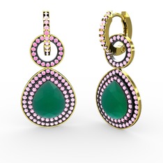 Matla Damla Küpe - Kök zümrüt ve pembe kuvars 8 ayar altın küpe #138ej7i