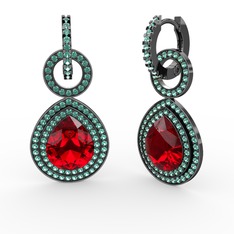 Garnet ve yeşil kuvars 925 ayar siyah rodyum kaplama gümüş küpe