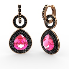 Pembe kuvars ve siyah zirkon 8 ayar rose altın küpe