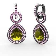 Peridot ve pembe kuvars 925 ayar siyah rodyum kaplama gümüş küpe