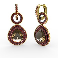 Dumanlı kuvars ve garnet 18 ayar altın küpe