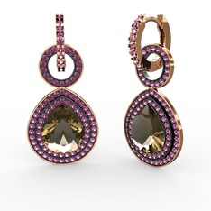 Matla Damla Küpe - Dumanlı kuvars ve rodolit garnet 8 ayar rose altın küpe #3ph8z4