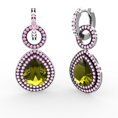 Peridot ve pembe kuvars 8 ayar beyaz altın küpe