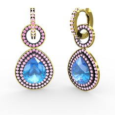 Akuamarin ve pembe kuvars 18 ayar altın küpe