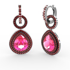 Pembe kuvars ve garnet 8 ayar beyaz altın küpe