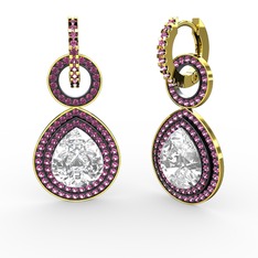 Beyaz zirkon ve rodolit garnet 14 ayar altın küpe