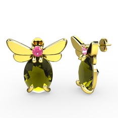 Elisa Kelebek Küpe - Peridot ve pembe kuvars 18 ayar altın küpe #12cyuke