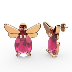 Pembe kuvars ve garnet 14 ayar rose altın küpe