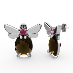 Elisa Kelebek Küpe - Dumanlı kuvars ve rodolit garnet 18 ayar beyaz altın küpe #14wc0h8