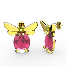 Pembe kuvars ve peridot 14 ayar altın küpe