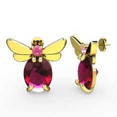 Rodolit garnet ve pembe kuvars 18 ayar altın küpe