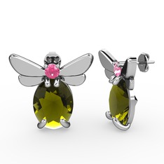 Peridot ve pembe kuvars 18 ayar beyaz altın küpe