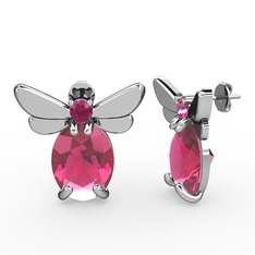 Pembe kuvars ve rodolit garnet 18 ayar beyaz altın küpe