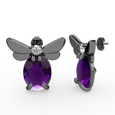 Elisa Kelebek Küpe - Ametist ve pırlanta 925 ayar siyah rodyum kaplama gümüş küpe (0.22 karat) #qc1h62