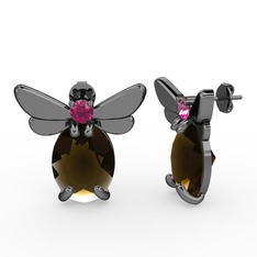 Elisa Kelebek Küpe - Dumanlı kuvars ve rodolit garnet 925 ayar siyah rodyum kaplama gümüş küpe #ri34t4