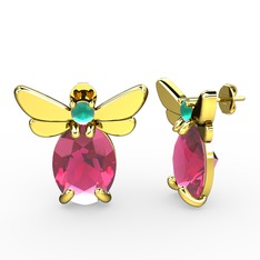 Elisa Kelebek Küpe - Pembe kuvars ve kök zümrüt 8 ayar altın küpe #telhkn