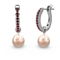 Garnet ve pembe inci 8 ayar beyaz altın küpe