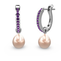 Ametist ve pembe inci 14 ayar beyaz altın küpe